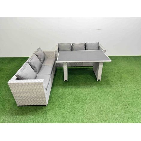 Fimous Rattan Garden Furniture Dining Set 6-seater Patio Rectangular Table Sofa Set Light Grey (1/4)