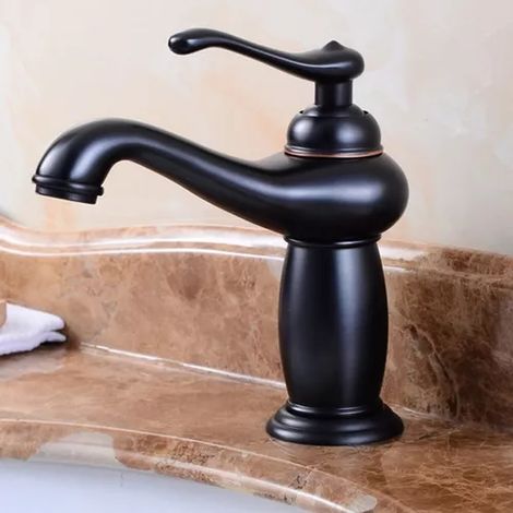 Robinet Rétro de Lavabo Évier en Laiton Céramique Robinet Antique Vintage Mitigeur Robinet d'Eau Froide/Chaude Remplacement Décoration pour Cuisine Salle de Bain Noir (1/3)