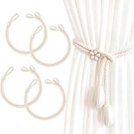 Lot de 4 embrasses de rideaux, grandes embrasses de rideaux perlées, embrasses de rideaux en coton faites main, attaches de rideaux (beige) (1/5)