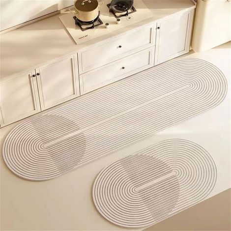 Tapis ovale en diatomite beige, 50x80cm, cuisine, absorbant, sèche vite, antidérapant, lavable. (1/5)
