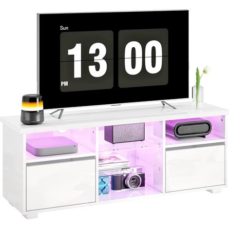 Meuble TV de 120 cm, compatible avec les téléviseurs de 55 pouces et moins, avec éclairage LED et télécommande, étagères en verre blanc.