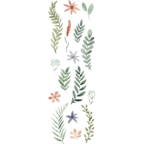 Sticker autocollant décoratif 68x24 cm, illustration fleurs naturelles façon herbier dessinée à la gouache. Décoration murale, déco intérieure (1/5)