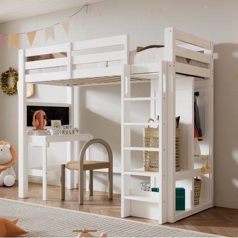 lit mezzanine bureau rangement 90x200 bois blanc avec HAVRYA (1/5)