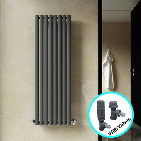 ELEGANT Central Heating Radiator 1600 x 472mm Vertical Anthracite Single Panel Oval Column Rad + Thermostatic Radiator Valves (1/5)