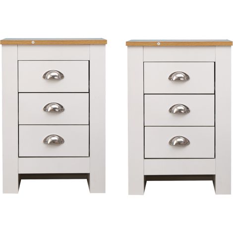 FURNITURE HMD  3 Drawers Bedside Tables White Side Table x 2 PCS