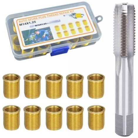 Kit de réparation de trous filetés de bougies d'allumage M14 x 1,25 mm (10 pièces) avec taraud, en métal, pour moteurs essence, générateurs et moteurs diesel (doré) (1/5)