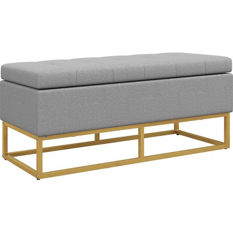 Banc banquette coffre de rangement 2 en 1 assise capitonnée et pieds acier 110 x 44 x 48 cm gris et doré