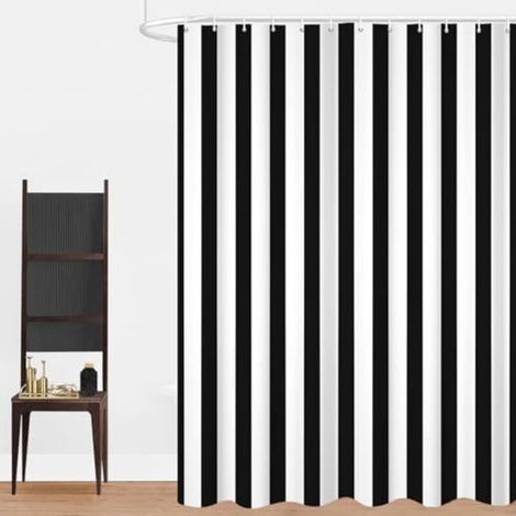 Duschvorhang, 180 x 180 cm, Schwarz-Weiß, Moderner Minimalismus, Vertikale Streifen, Wasserabweisendes Material, Maschinenwaschbarer Badezimmervorhang mit Haken