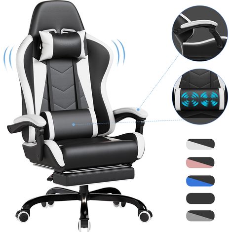 Devoko Chaise Gaming Ergonomique avec Massage Lombaire, Siège Gamer Inclinable 135°, Repose-Pieds, Appui-Tête Réglable, Fauteuil Gaming Adulte en Similicuir, Chaise Bureau Gaming Confortable, Noir Bla