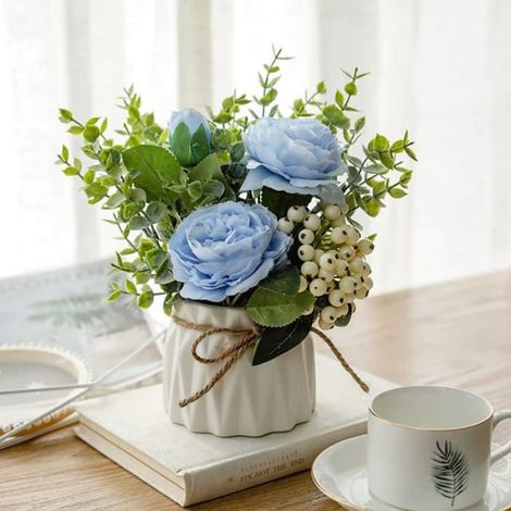 Fleurs artificielles avec vase en céramique - Rose artificielle - Panier de fleurs pour mariage,z005