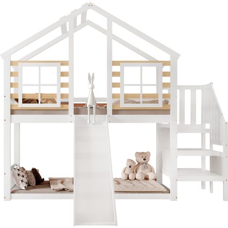 Lit superposé cabane 90x200 avec toboggan, escalier, fenêtres et barrière de sécurité, cadre en bois et MDF, blanc et bois clair, pour chambre enfant  CHICFURN (1/5)