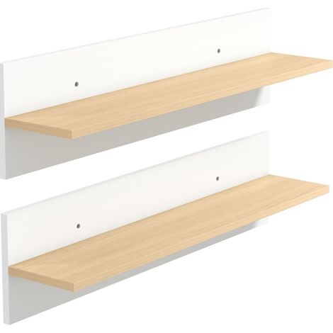 Set de 2 estantes de pared suspendidos blancos y efecto madera 80 x 16,5 x 20 cm (1/5)