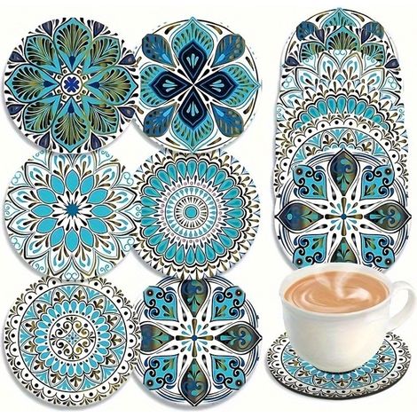 Dessous de verre en bois à motifs floraux et géométriques, lot de 6, 10 cm (1/5)