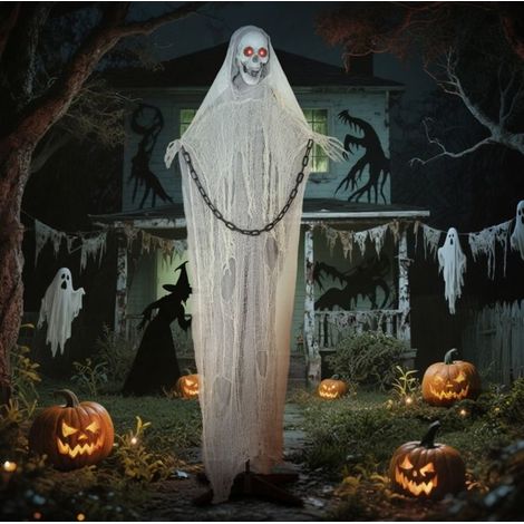 Sensenmann Halloween 183 cm avec Lumière LED et Musique - Figurine Vivante pour Porte d'Entrée et Jardin (1/5)