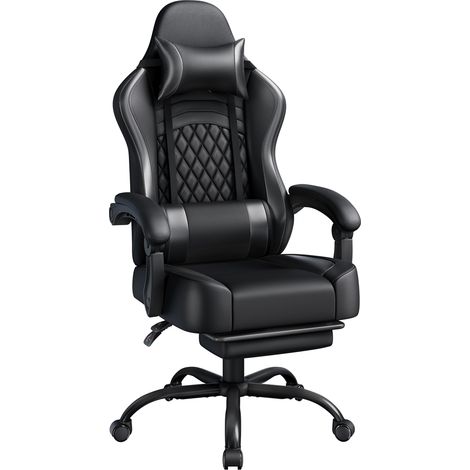 Yaheetech Fauteuil Gaming Pivotant Ergonomique, Chaise d'ordinateur Inclinable avec Coussin Lombaire, Massant Têtière Amovible Repose-Pieds Coulissant, Assise Réglable en Hauteur, Noir intégral (1/5)