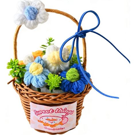Fleur artificielle tricotée à la main 16 x 9 x 9 cm avec petit panier, décoration florale en laine, idée cadeau pour fête des Mères et femme, bleu (1/5)