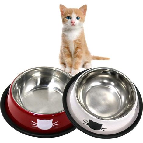 Gamelle pour Chat 2 pièces Chat Bol, Gamelle Chat en Acier Inoxydable Ensemble, Mangeoirs et Abreuvoirs pour Chat Chiots Hamsters Lapins Petits Animaux-Fei Yu (1/2)