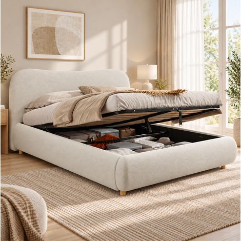 Letto matrimoniale 180x200 cm bouclé bianco con contenitore, senza materasso – MEUBLIV (1/5)