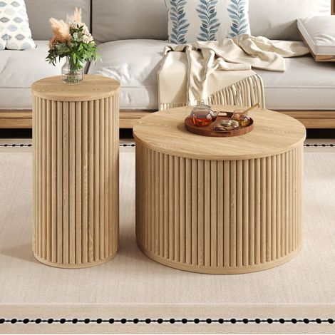 Lote de 2 mesas bajas anidadas redondas 60x60x38.5 cm y 30x30x56 cm, en MDF, natural (1/5)