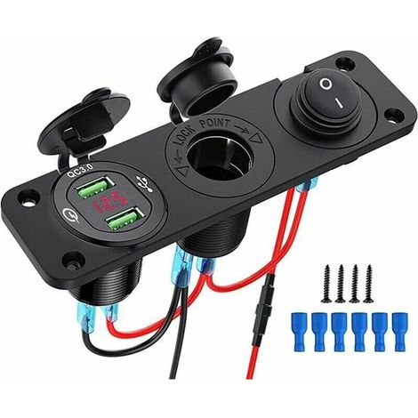 Toma USB empotrada de 12 V, toma de mechero de 12 V, cargador USB doble QC 3.0 de 12 V, panel de toma de mechero, interruptor basculante iluminado para barcos, remolques, coches, autobuses, negro - Cr