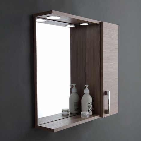 Espejo De Baño Colgante Con Puerta Lateral Roble Efecto Madera Luz Led