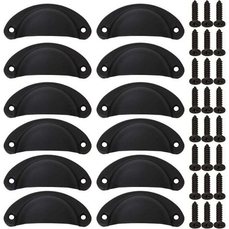 (24PCS) Boutons d'armoire en coquillage, poignée d'armoire noire avec vis, poignée en fer vintage pour tiroir d'armoire, tiroir de cuisine, porte