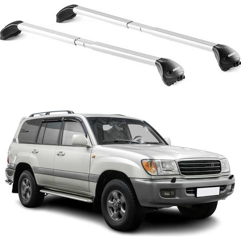 OMAC Barres de toit transversales certifiées TÜV pour Toyota Land Cruiser 90 1997-2002 3 Portes – Verrouillables (4 antivols) – Charge max 100 kg – Sangle inox + protection caoutchouc Argent (1/4)