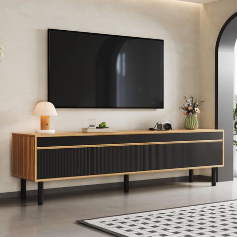 Armoire TV, meuble TV, panneau TV et 4 portes. Texture fine. Disponible en bois noir ou naturel. Hauteur 47 cm / Longueur 170 cm / Largeur 38 cm (1/5)