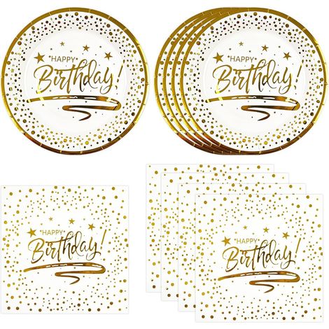 Lot de 50 vaisselle jetable, assiettes en carton 18 cm, serviettes papier, design blanc or, pour anniversaire, barbecue, fête enfants (1/5)