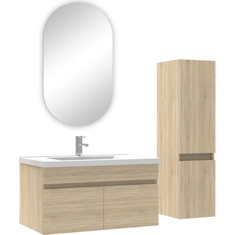 Ocean ensemble Salle de Bain simple vasque avec colonne et miroir ovale 80cm meuble Chêne Wotan (1/4)