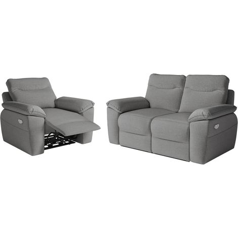 PACK - Canapé de relaxation ROSS électrique 2 places et fauteuil en tissu antitache - Gris (1/5)