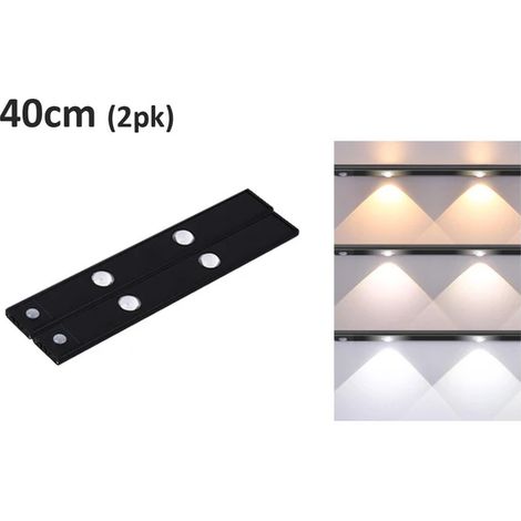 Lot de 2 lampes LED 40 cm sans fil avec détecteur de mouvement, éclairage de penderie, 3 couleurs entrelacées, projecteur, alimentées par batterie rechargeable, noir (1/5)