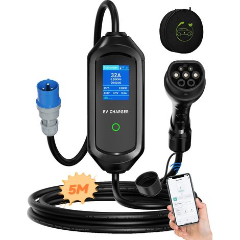 Cargador para vehículos eléctricos, control mediante aplicación inteligente, corriente ajustable, tipo 2, 5 m (1/2)