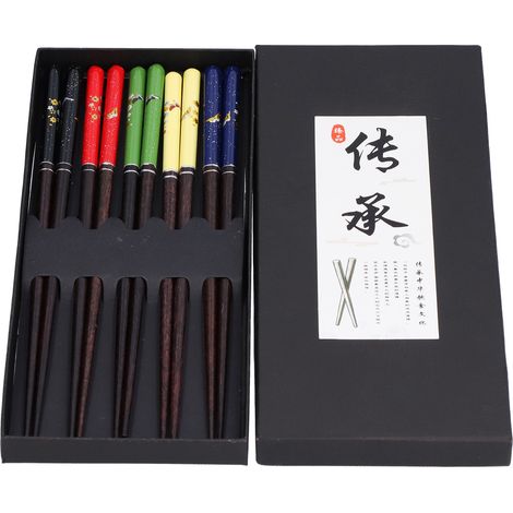 Coffret cadeau de 5 paires de baguettes en bois réutilisables, motif papillon et fleur, baguettes pointues pour restaurant et hôtel (1/5)