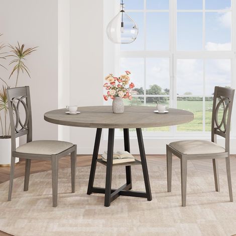 Table à manger ronde 120 cm - 4 à 6 personnes - Style industriel moderne avec étagère - Gris (1/5)