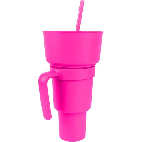 Gobelet 2 en 1 avec paille, grande ouverture, en plastique rose, idéal pour le cinéma, la maison et les voyages. (1/5)