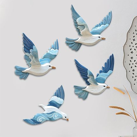 Conjunto de 4 adornos de pared con temática playera (palomas mensajeras), colgantes de pared con forma de aves de estilo náutico con acabado que imita la madera. (1/5)