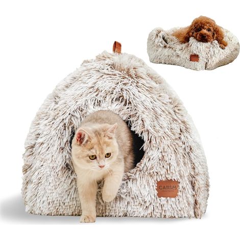 1 - Lit Pour Chat - Dôme Pliable - Coussin Rembourré Lavable - Fond Antidérapant - Pour Chatons Et Petits Chiens - Marron - 45x45x45cm (1/5)