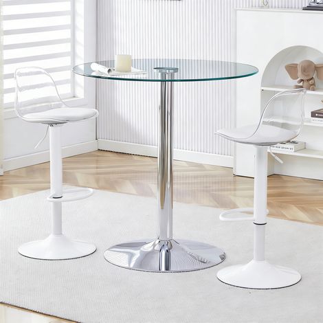 Ensemble de bar flexible : table en verre 89 cm + 2 tabourets à pieds blancs, réglables en hauteur et pivotants. Design transparent, rotation 360°, usage polyvalent. Agrandit l'espace visuellement et  (1/5)