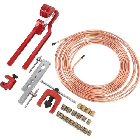 Kit de Réparation de Conduite de Frein Kit d'outils d'évasement de Conduite de Frein Enduit de Cuivre 3 16 Pouces avec Cintreuse 16 Accessoires 2 Raccords 4 écrous pour Mécaniciens Bricolage (1/5)