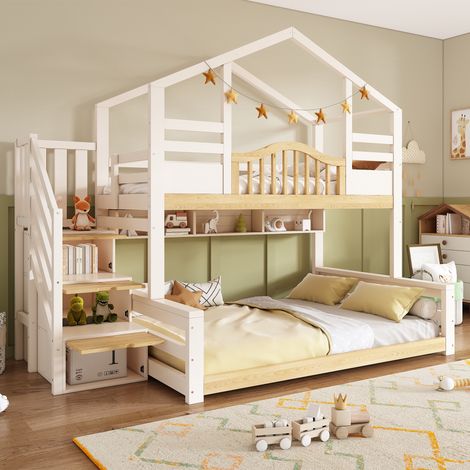 Lit superposé enfant 90 x 200 cm et 140 x 200 cm style cabane Lit 2 places avec escalier et étagères de rangement, Blanc et Naturel (1/5)