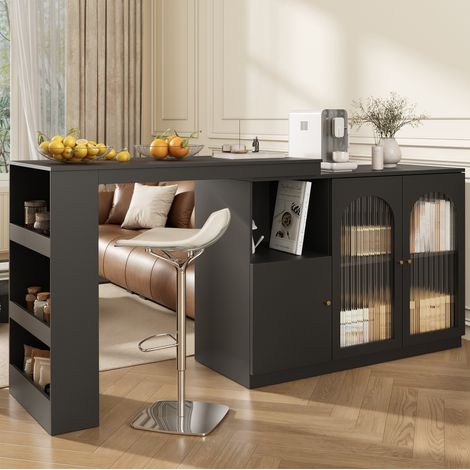 Mesa bar giratoria 360° de MDF negro 120x40x97 cm con almacenaje y puerta de vidrio (1/5)