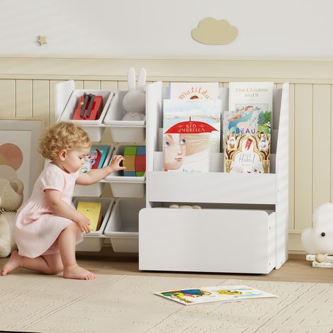Design Étagère à jouets pour enfants avec 6 boîtes amovibles, 3 étagères ouvertes et tiroir du bas avec roulettes pour la nurserie