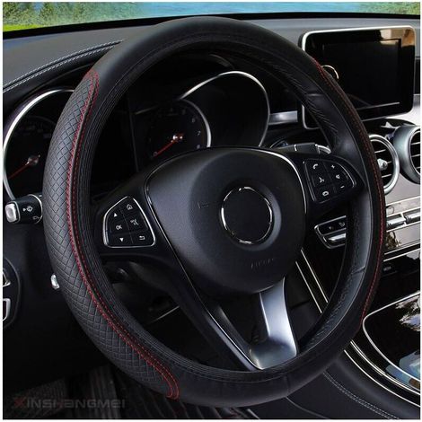 Couvre Volant Voiture - Noir et rouge - Protecteur de Volant - Diamètre 38cm (15') - Cuir (1/4)