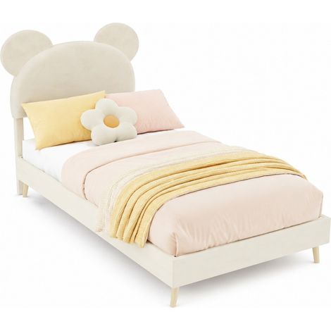 CHICFURN Lit enfant capitonne tete de lit cartoon beige 90x200 cm avec rangement a verins (1/5)
