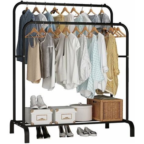 FREOSEN Porte Manteau Portant Vêtements Penderie Cintre Tiges Double avec étagère de Rangement Chaussures Noir 11054150 cm (1/5)