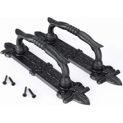 Ensemble de 2 poignées de porte de grange antiques robustes de 23 cm (9 po), grande poignée de porte rustique sculptée, pour portails, garages et remises, finition peinture en poudre noire. (1/4)