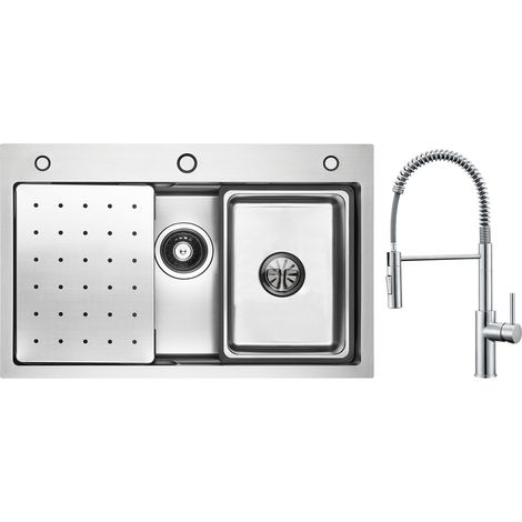 Cecipa Évier de Cuisine Évier 1 Bac 70×45cm avec Egouttoir / Vasque / Distributeur de Savon + Mitigeur de Cuisine à Ressort avec Douchette Extractible, Robinet Evier 2 Modes de Sortie D'eau, Brossé (1/5)