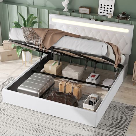 Cama tapizada moderna 180x200 cm en lino blanco y MDF, con arcón hidráulico, LED RGB, USB y USB-C (1/5)