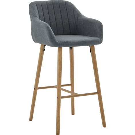 Set de 2 tabourets de bar avec dossier haut et accoudoirs, assise en lin beige et pieds en métal noir, 58,5 x 55 x 104 cm (1/5)